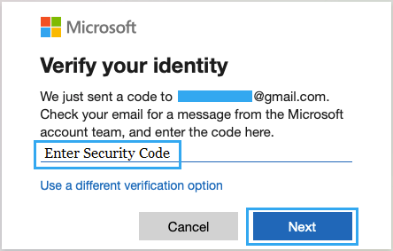 输入安全码以验证 Microsoft 帐户
