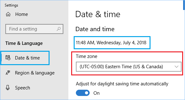 Windows 10 中的日期和时区设置屏幕
