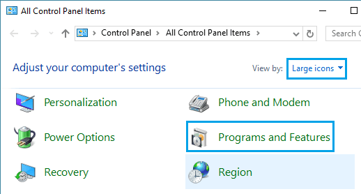 Windows 10 控制面板中的程序和功能选项