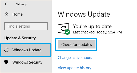 Windows 中的检查更新选项