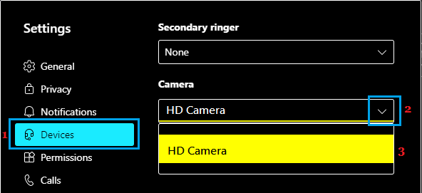 在 Microsoft Teams 中选择您的相机