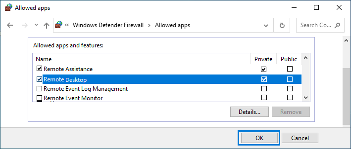 允许远程桌面通过 Windows Defender 防火墙