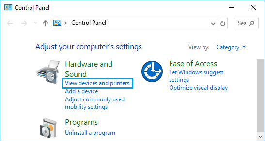 Windows 控制面板中的查看设备和打印机选项