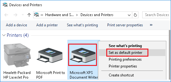 使用控制面板设置为默认打印机