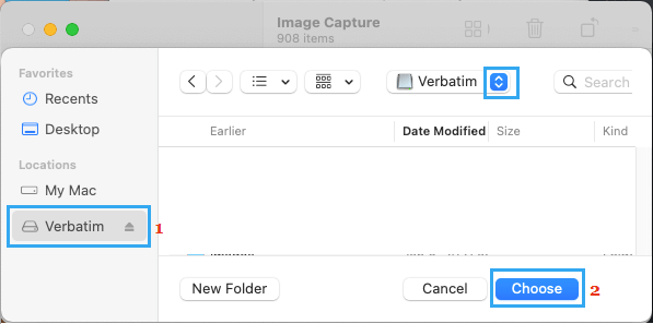 在 Mac 上的 Image Capture Utility 中选择外部硬盘驱动器