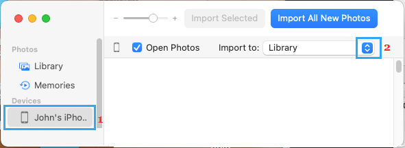 在 Mac 上的照片应用程序中选择 iPhone