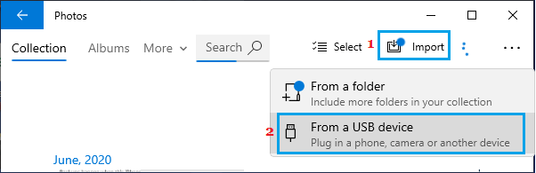 Windows 照片应用程序中的从 USB 设备选项导入照片