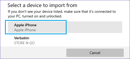 在 Windows 照片应用程序中选择导入设备