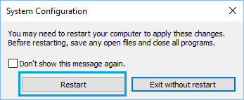Windows 10 中的系统配置重启弹出窗口