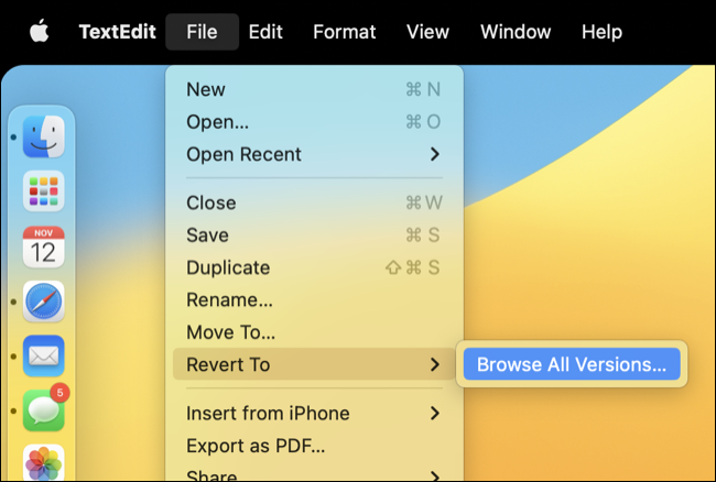Mac 版 TextEdit 中的“还原为”菜单