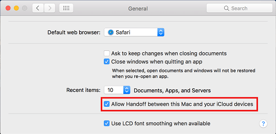 Mac 上的允许在此 Mac 和 iCloud 设备之间切换选项