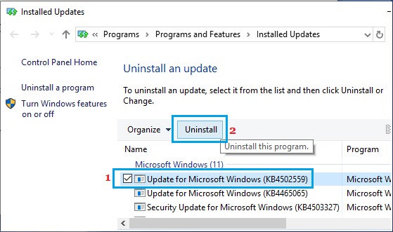 卸载选定的 Windows 更新
