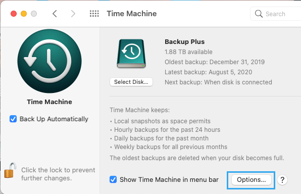 Mac 上的时间机器备份选项