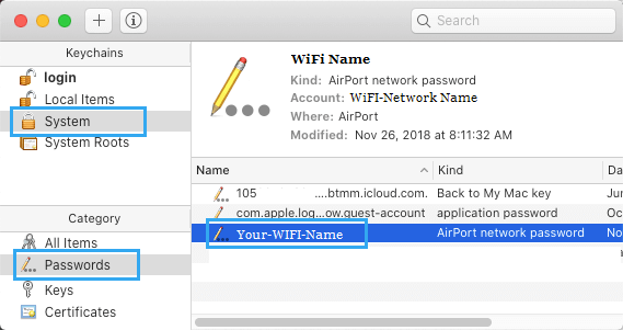 钥匙串系统屏幕上的 WiFi 网络名称