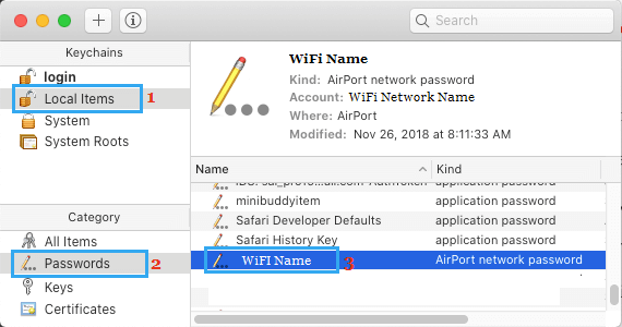钥匙串本地项目屏幕上的 WiFi 网络名称