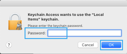 输入本地用户密码以允许在 Mac 上进行钥匙串访问
