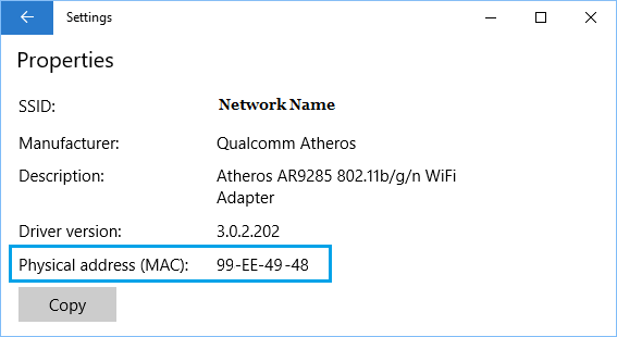 Windows 10 设置屏幕上的物理 MAC 地址