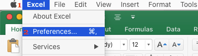 在 Mac 上打开 Excel 首选项