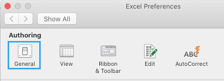 在 Mac 上打开 Excel 常规首选项