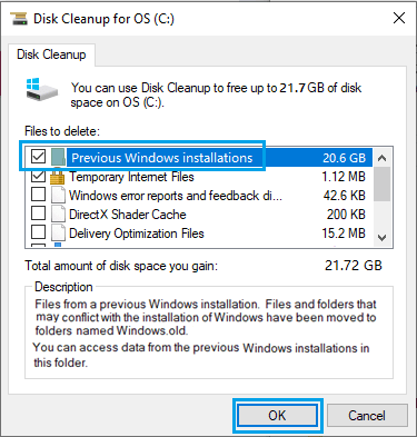 使用磁盘清理删除以前的 Windows 安装