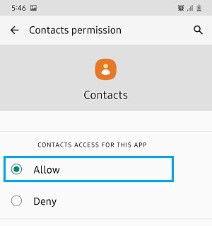 允许联系人应用程序访问 Android 手机上的联系人