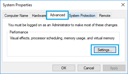Windows 高级系统属性屏幕上的设置选项