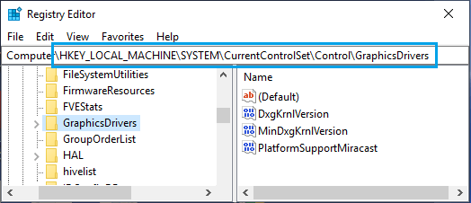 Windows 注册表编辑器屏幕上的 GraphicsDrivers 文件夹