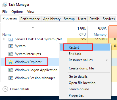 在 Windows 10 任务管理器屏幕中重新启动 Windows 资源管理器选项