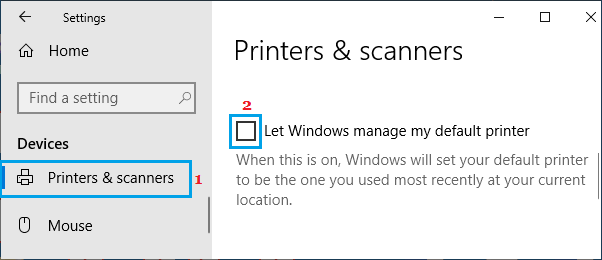 取消选中让 Windows 管理我的默认打印机 