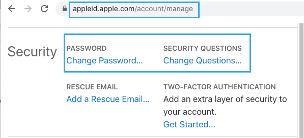 Apple ID 网页上的更改密码选项