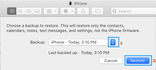 选择备份以在 Mac 上恢复 iPhone