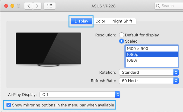 在 Mac 上选择屏幕镜像选项
