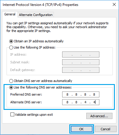 将 Windows PC 上的 DNS 服务器更改为 Google DNS