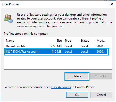 在 Windows 中删除选定的用户配置文件