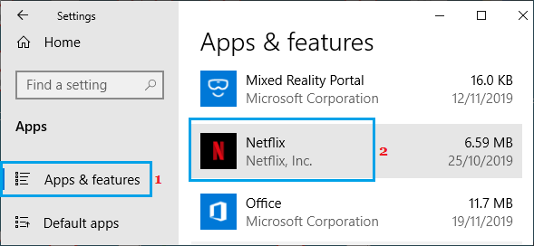 Windows 设置屏幕上的 Netflix App