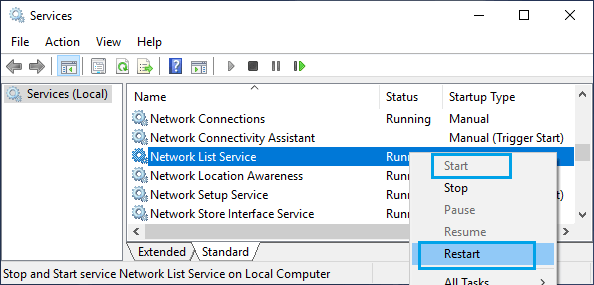 在 Windows 中重新启动网络列表服务