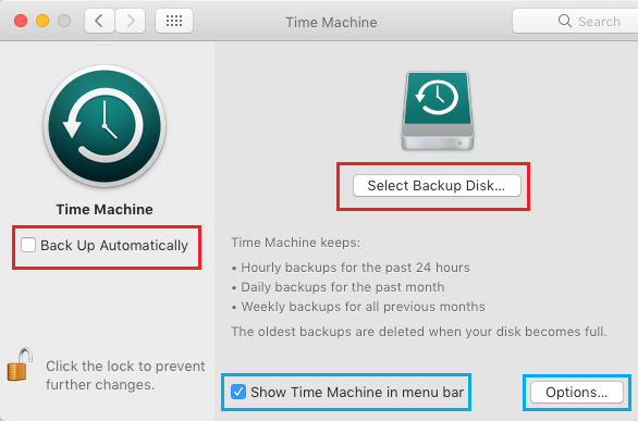 在 Mac 上选择时间机器备份磁盘选项