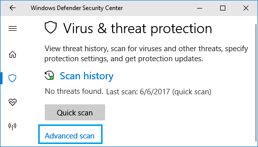 运行 Windows Defender 高级扫描