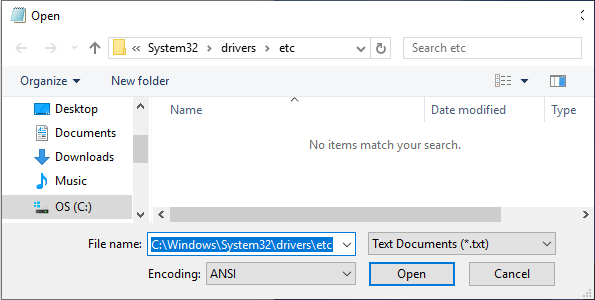 键入 Windows 主机文件的路径