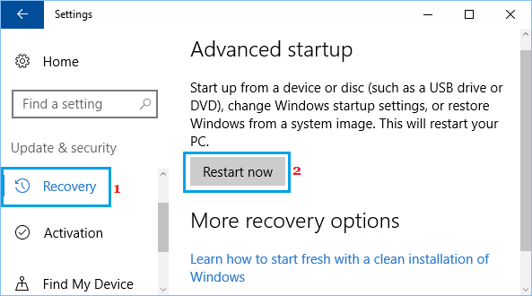 Windows 10 设置屏幕中的高级启动选项