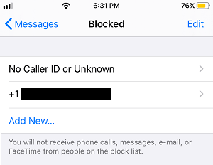 iPhone 消息应用程序上的阻止号码列表