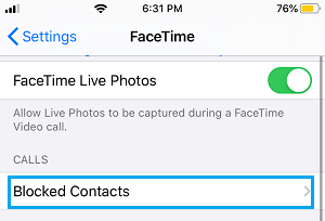 FaceTime 设置上的已阻止联系人选项卡
