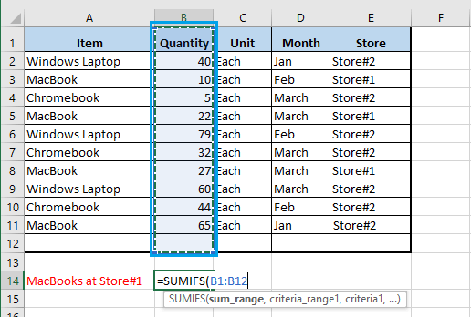在 Excel SUMIFS 函数中选择求和范围