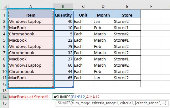 在 Excel SUMIFS 函数中选择条件范围 1