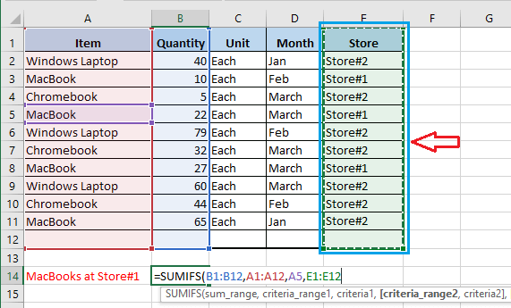 在 Excel SUMIFS 函数中选择条件范围 2