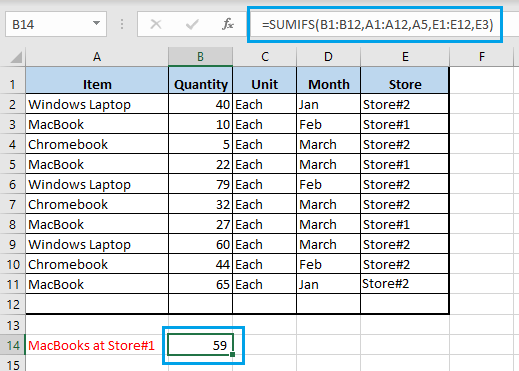 使用 Excel SUMIFS 函数的结果