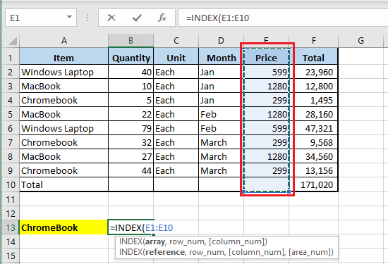 在 Excel 中为 INDEX 函数选择数组