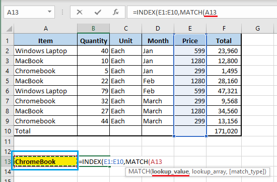 输入 MATCH 函数查找值