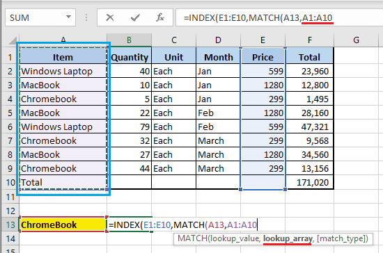 输入 MATCH 函数查找数组