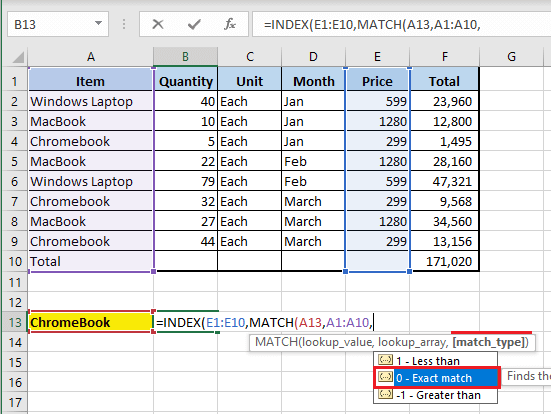 在 Excel MATCH 函数中选择匹配类型